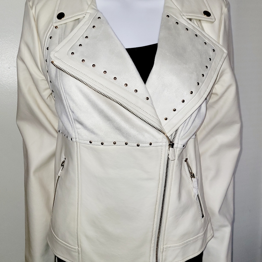 NWT JUSTFab MED VEGAN LEATHER SUEDE CREAM ROCKER BIKER FASHION ZIPPER JACKET